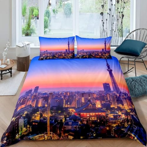 PUOJIEAT Bettwäsche 135x200 Tokio, Japan Weich Mikrofaser Bettwäsche-Sets Tokio Bei Nacht Bettbezug mit 1 x Kissenbezug 80x80 cm 3D Bettzeug Set w.8892