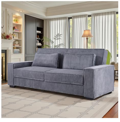 INMOZATA 3-4 Seater Sofa Bed 231cm sofabed double adult Corduroy Convertible Bed Settee Corduroy Click Clack Sofa 3 Seater with 2 Pillows for Living Room, Bedroom, Home Office(Grey)