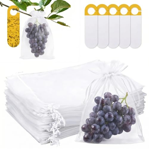 60 sacchetti protettivi bianchi per uva 20x30 cm + 5 strisce adesive – Sacchetti protettivi in ​​organza per uva, sacchetti protettivi per frutta di vario tipo come uva e fragole