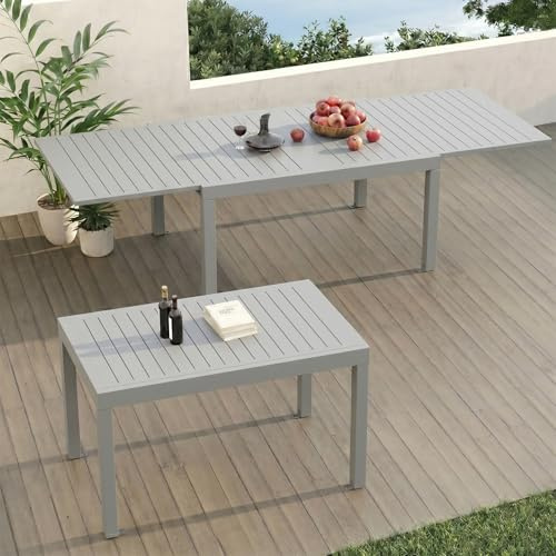 TRIUMPHKEY Gartentisch Ausziehbar, Gartentisch Wetterfest mit Aluminium, 130/260 x 75cm Esstisch Ausziehbar für 6-8 Personen, Geeignet als Gartentisch Partytisch Balkontisch, Hellgrau