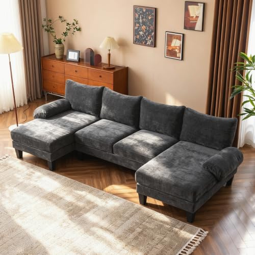 VINGLI Sofa U-Form, Chenille Eckcouch, Dunkelgrau, 283x123x84cm | mit Schlaffunktion, Ecksofa Wohnlandschaft, Sofa 4 Sitzer, mit Chaise Longue, für Modern Wohnzimmer
