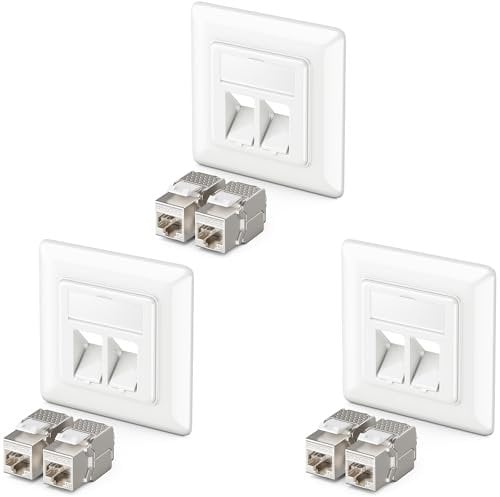 deleyCON 3x Prise Réseau Keystone Montage Encastré 6x Module Keystone Jack CAT 6a Prise RJ45 Câble D'installation Entièrement Blindé Uni Blanc