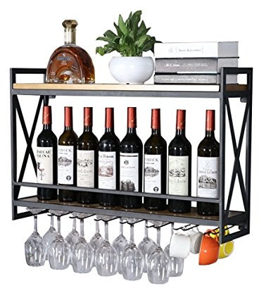 Porte-Bouteilles en métal Porte-Bouteilles | Porte-Bouteille de vin Vintage Mural en Bois | Porte-vin Rustique | Rack Organisateur de Rangement Mural étagère | Porte-Verre à vin Suspendu