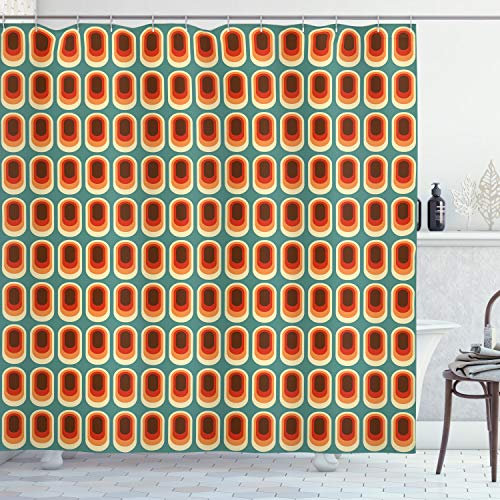 ABAKUHAUS Retro Duschvorhang, Vintage Mode-Ethno, Stoffliches Gewebe Badezimmerdekorationsset mit Haken, 175 x 240 cm, Orange Grün