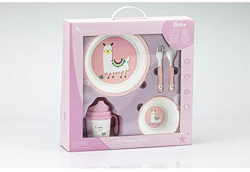 Danielstore Vajilla Bebé 5 Piezas | Apta Microondas y Lavavajillas | Libre de BPA | Incluye Plato, Cuenco, Cubiertos y Vaso con Pitorro, Juego de 5 Piezas | Babero incluido (Rosa llama)