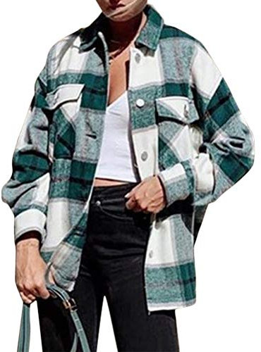 ORANDESIGNE Femme Veste à Carreaux Élégant Chemise Oversize en Laine Manteau Court Chaud à Carreaux Chic Chemisier Boutonné à Carreaux C Vert L