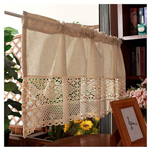 HHXD Scheibengardinen Häkeln Vintage Beige Bistrogardinen Landhausstil Spitze Cafe Vorhang Baumwolle Leinen Kurzstore Gardine / 1 Stück / W100cm×H45cm