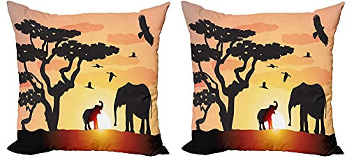ABAKUHAUS Elefant Kissenbezug Set (2Stück), Sonnenuntergang Tierbaum, doppelseitiges Digitaldruckdekor mit Reißverschluss, 50 cm, Koksgraue Multicolor