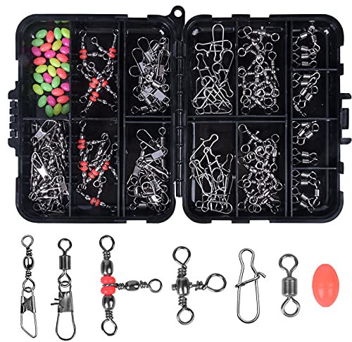 Jinlaili 140 Stück Angeln Wirbel Kit, Angelwirbel Angeln Barrel Wirbel mit Kugellagerwirbel, Kugellager Wirbel Snap Barrel Triple Angelwirbel Stecker Angeln Perlen, Angeln Drehgelenk, Angelzubehör Set