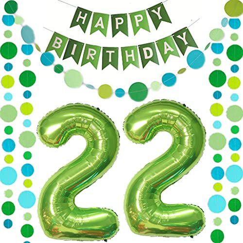 Luftballons Zahl 22 Grün + Happy Birthday Girlande + banner Folienballon 22.Geburtstags deko frau mann ballons 22 Jahre Geburtstag deko frauen Zahlenballon 22 Geburtstag dekoration Männer frau(22)