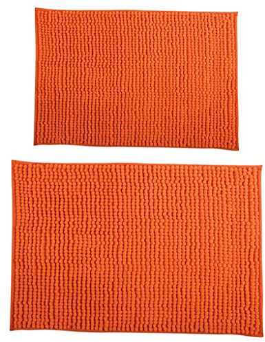 MSV Badvorleger, Chenille, Langflor, 40 x 60 cm + 60 x 90 cm, Orange, 2 Stück