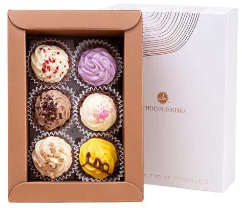 CHOCOLISSIMO - 6 handgemachte Cupcake Pralinen - Muttertag, Vatertag, Mama, Papa, Pralinen Geschenkbox, Geschenkset Schokolade, Feine Schokolade, Exklusives Ostergeschenk für Frauen, Süßigkeiten