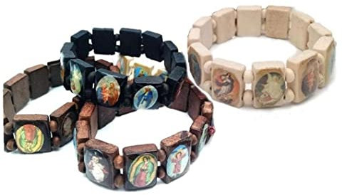 Onsinic 4 Stück Hölzerne Rosenkranz Jesus Armband Elastic Stretch Bangle Bildern Von Religiösen Heiligen Katholische Heilige Götter Göttin Gebet Manifestation Armband