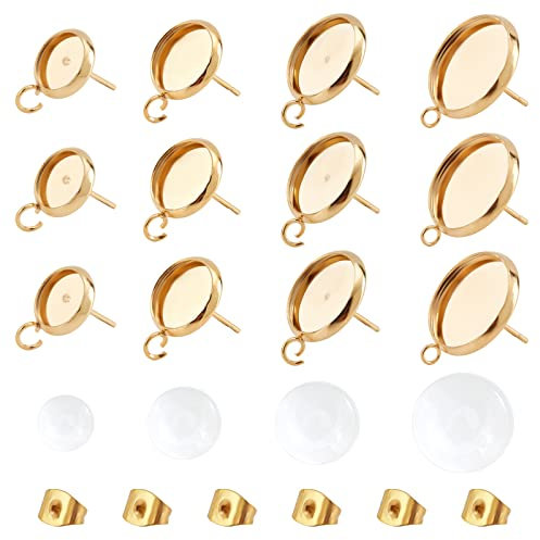 UNICRAFTALE 24 Paar 8/10/12/14mm Gold Flache Runde Ohrstecker Rohlinge Transparente Glas Cabochons Für Schmuckherstellung 304 Edelstahl Ohrring Tablett Lünette Cups Lünette Tablett DIY Ohrring Set