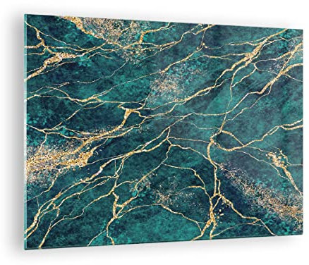 Bilder auf Glas Abstraktion Gold Türkis Glasbild 70x50cm Wandbilder Dekoration Wohnzimmer Schlafzimmer Küche Deko Klein Wanddeko Bild im Glas Wand Kunstdruck Art Modern Wall Decor GAA70x50-4564