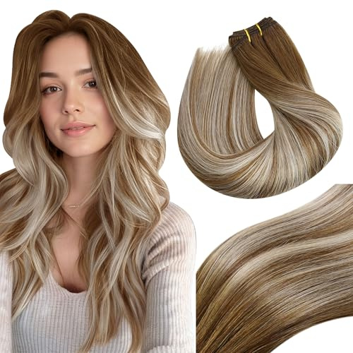 Vivien Balayage Echthaar Tressen zum Einnahen 100g 50 cm Blond Echthaar Extensions Tressen Ombre Hellbraun bis Platinblond für Frauen #6/60/6