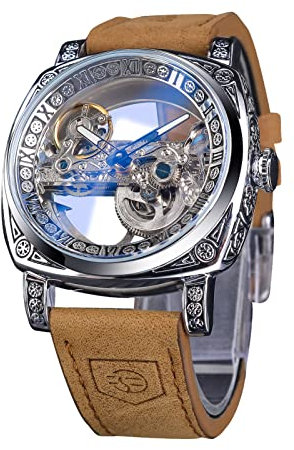 FORSINING Montre pour homme, tendance, classique, squelette carrée, cadran transparent, automatique, mécanique, bracelet en cuir, lumineux, étanche, Argenté., Sangle