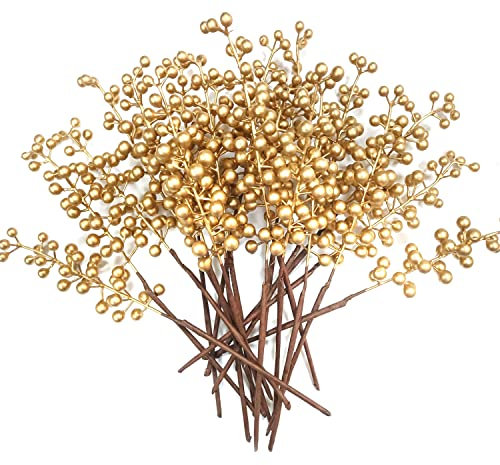 OrgMemory Artificial Berry, Fake Burgundy Berry, (20 pcs, 12 Each), Artificial Berries Stems for Xmas Tree Wreath Decorations Home Decor (Golden)