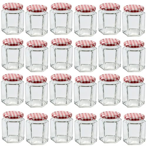 280ml Jam Glass Jars with Red Gingham Twist Top Lid & Labels - Pack of 24 Hexagonal Clear Glass Containers | Ideal Storage for Spice and Pickle