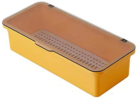 VALINK Cutlery Organizer, Space Saving Cutlery Organiser, Cutlery Box Kitchen Flatware Storage Box with Lid and Drain, Kitchen Organiser for Refrigerator Yellow