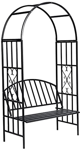 Metall Rankhilfe Rosenbogen mit Bank Sitzbank mit Rankgitte Garten Deko-Gartenbank Torbogen, Rosenbank Laubenbank Philosophenbank Rankgitter Metall Schwarz 114 x 57 x 210 cm