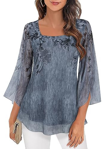 Chiffon Tops - Ladies 3/4 Sleeve Blouse & Casual Short Sleeve - Dressy Tops for UK Women - Floaty Squar Neck Summer & Fall Wear - Out Going Wear