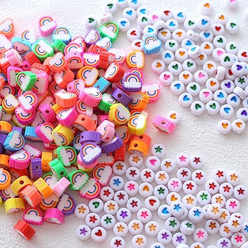 HERZWILD Bunte Polymer Clay Perlen zum Auffädeln 300pcs Polymer Clay Beads Weiche Topfperlen mit runden Herzperlen Sternperlen für Schmuck Basteln (Rainbow)
