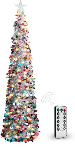 HISFFOG Albero di Natale pop-up da 1,5 m, con 8 modalità di luci a rmote, pieghevole, con paillettes colorate, decorazioni per casa, appartamento, feste, caminetto, interni ed esterni