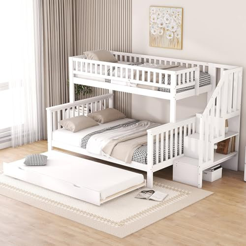 Idemon - Letto a castello, 90 x 200 e 140 x 200 cm, con struttura in legno massiccio e ripiani, letto estraibile con scale, colore bianco