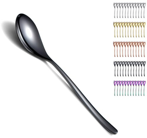 Kyraton Cuchara negra de 12 piezas de acero inoxidable de 19 cm con revestimiento de titanio, cuchara de mesa negra, cuchara de postre, cuchara de cocina, juego adecuado para cualquier cena, familia.