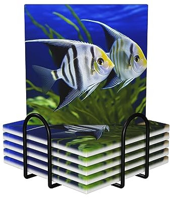 Dessous de verre avec support pour aquarium, motif poisson-ange, absorbant, résistant à la chaleur, en céramique avec base en liège, tapis de protection pour tasses, bureau, cuisine