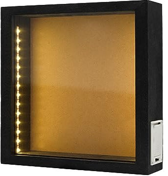 hvfun Rustikale Schwarze Holzschatulle mit Lichtern, LED-beleuchtete Vitrine für Weinkorken, Tickets und kreative Ausstellungen, künstlerische Präsentationen, 25,4 x 25,4 cm