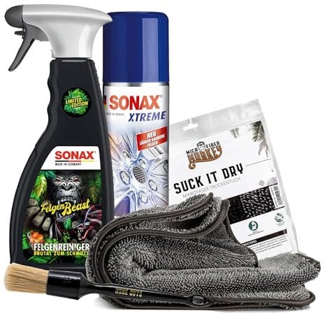 Auto Felgen Reinigung und Versiegelung Set | Sonax Xtreme Felgenschutzversiegelung 250 ml + Sonax Felgenbeast Felgenreiniger Sonderedition 500 ml + Nuke Guys Felgenpinsel + Trockentuch 40x40cm