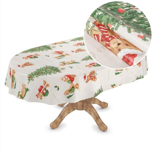 ANRO Wachstuchtischdecke Weihnachts Tischdecke abwaschbar Wachstuch Weihnachten Wachstischdecke Teddybär Oval 240x140cm