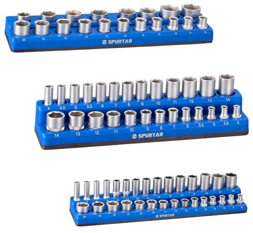 Spurtar Magnetic Socket Organiser 3 Pcs Metric, Magnetic Socket Holder Includes 1/4-Inch, 3/8-Inch, and 1/2-Inch Drive Trays, Holds 75 Standard Size and Deep Size (Blue)