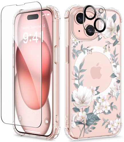 GVIEWIN Magnetic Case Compatible with iPhone 15 Plus 6.7,with Screen Protector+Camera Lens Protector,[Compatible with MagSafe] Non-yellow Flower Clear Shockproof Anti-Scratch Case,Magnolia/White
