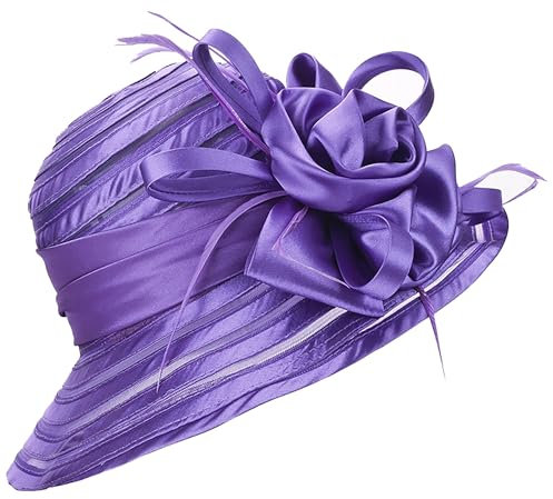 HilyBony Kentucky Hut für Damen, Organza-Derby-Hut, Braut, Hochzeit, Kirche, Teeparty, breite Krempe, Sommer-Sonnenkappe, violett, M