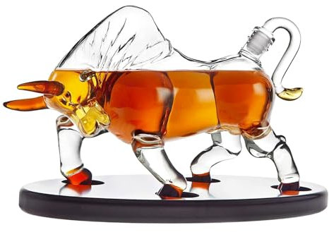 Carafe à Whisky En Forme De Taureau Sur Plateau D'exposition En Bois – Pour Liqueur, Scotch, Vodka Ou Vin