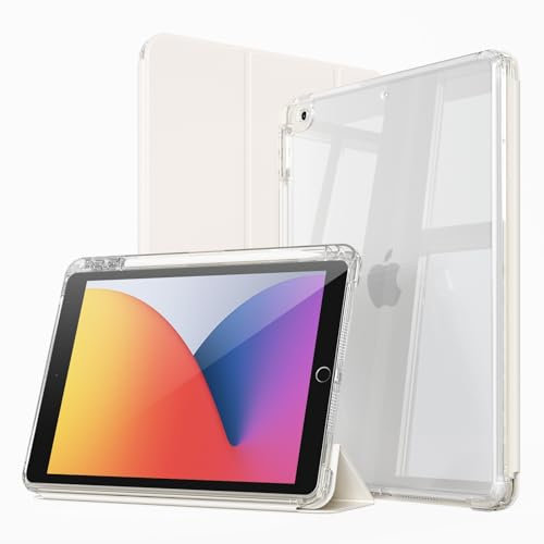 ZKTUYU Hybrid-Hülle für iPad 9./8./7. Generation mit Stifthalter 10.2 Zoll Modell 2021/2020/2019, 2-in-1 abnehmbare Abdeckung mit transparenter Hartschale auf der Rückseite, Auto Schlafen/Wachen, Weiß