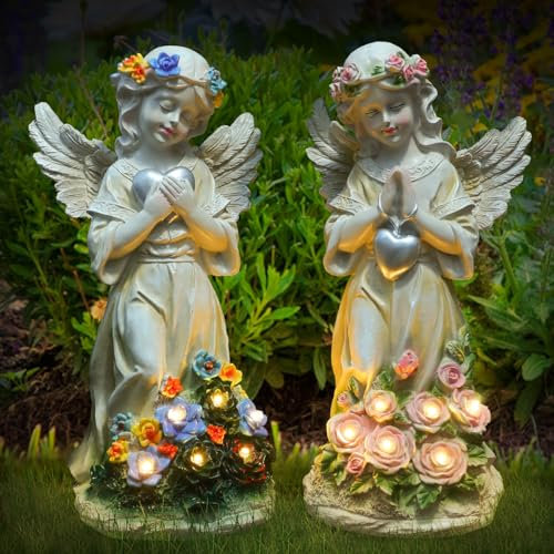 Kssiaz 2PCS Statues d'ange de Jardin Solaire en Forme de Cœur d'amour avec Lumière Chaude, Statue d'ange Priant Étanche avec Fleurs, Sculpture de Décoration de Jardin Extérieur pour Pelouse, Abricot