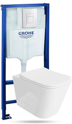 Lavita Vorwandelement Solido + Wand Hänge WC Parana Weiß Spülrandlos + WC Sitz mit Absenkautomatik Glänzend Weiß Knopf Komplettset Unterputz Spülkasten Toilette Komplett Sett WC