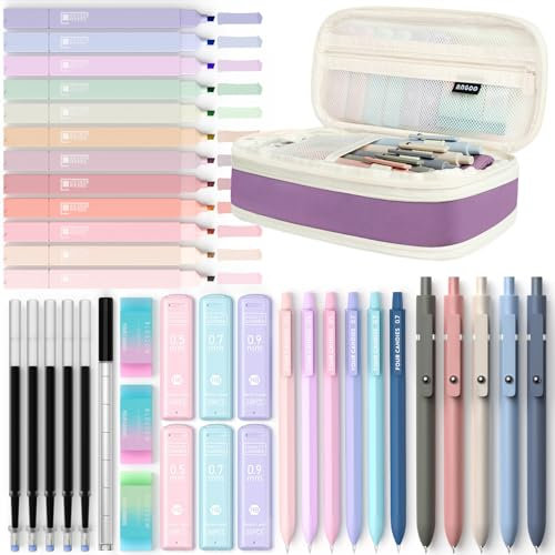 Four Candies 39 Stück Schulsachen mit Mäppchen, 12 Pastell Textmarker, 5 Gelstifte, 6 Druckbleistift Set, Aesthetic Stifte und Coole Sachen für Teenager Mädchen School Stuff Clean Girl (Lila)