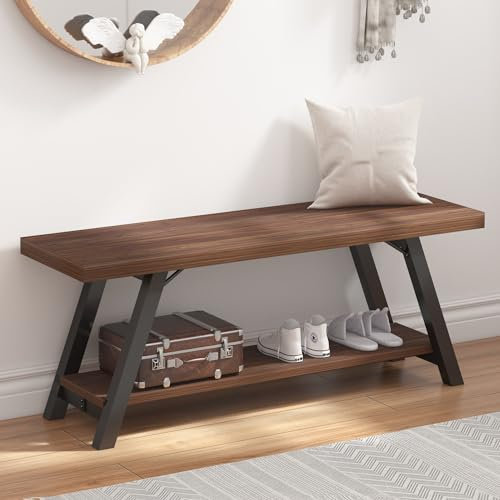 LVB Bank Moderne Aufbewahrungsbank für Schlafzimmer Holz-Metall Bank für Flur Esszimmer Wohnzimmer Bauernhaus Schuhregal Innen Akzent-Sitzbank für Diele Eingang Nussbaum 120cm