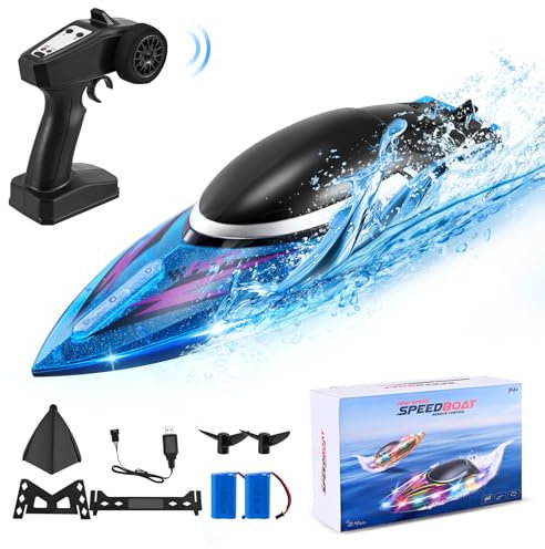 Barco RC para Adultos y niños, Barco de Control Remoto de 25 KM/H para Lago, río y Piscina, autoadrizamiento, luz LED, Barco de Carreras de Alta Velocidad, 2 baterías 60 min