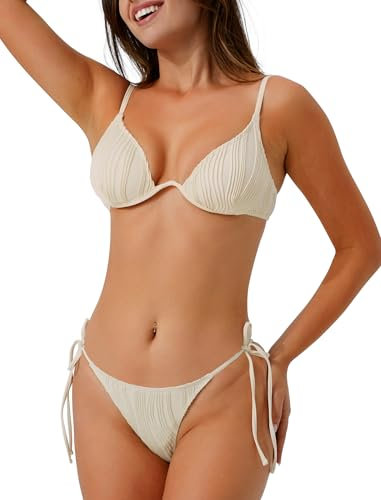 Evolyline Damen Bikini Set Tanga Bikini Badeanzüg sexy V Ausschnitt Triangel Badeanzug Push Up Zweiteiliger Bademode Verstellbare Bikini mit V Kranz