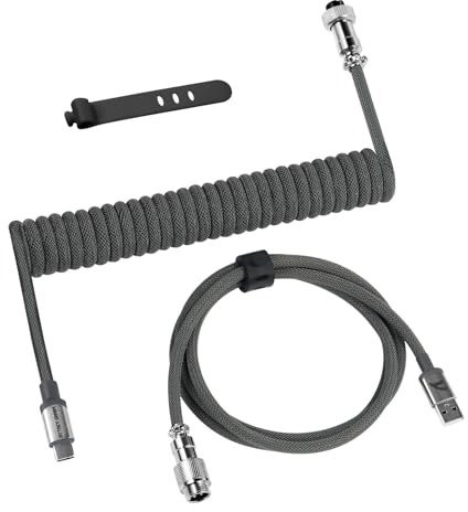 ATTACK SHARK C01 PRO Coiled Keyboard Cable, Custom Coiled USB C Cable for Mechanical Gaming Keyboard,Type-C to USB-A Metal Aviator Cable,Double-Sleeved Braided Charging Keyboard Cable for Mac,PC-Grey