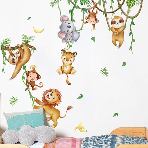 Lsydgn 1 Stück Wandtattoo Waldtiere Wandtattoo Kinderzimmer Junge Wandsticker Kinderzimmer Wildlife Vine Wandaufkleber Affe Löwe Wandaufkleber Kinderzimmer Babyzimmer Schlafzimmer Wanddekoration