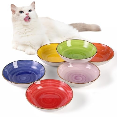 Gamelle Chat Ceramique Bol Chaton - Lot de 6 Bols Chat Colorées - Gamelles pour Chats avec Motifs en Spirale - Set Bol Nourriture Chat - Petite Assiette Chat - Micro-Ondes et Lave-Vaisselle - 250 ML