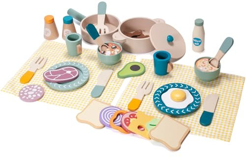 Donmills 39pcs Age 3+ Pretend Play Kitchen Accessories Kids Cooking Set, Wooden Toy Pots and Pans Sets for Toddlers, Montessori Toys Food Cookware Playset Gift for Girls and Boys