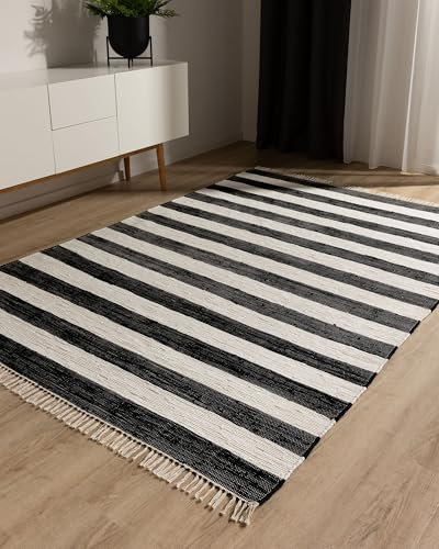 benuta Pop Baumwollteppich Tom - Schwarz/Creme 60x100 cm - Handgewebter Wohnzimmer Teppich - 100% Recycelte Baumwolle - Für Fußbodenheizung geeignet